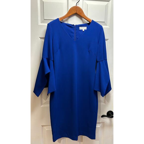 Badgley Mischka Royal Blue Sunset Skies Julia Crepe Dress Flutter Sleeves, Sz. 6 - Picture 1 of 7